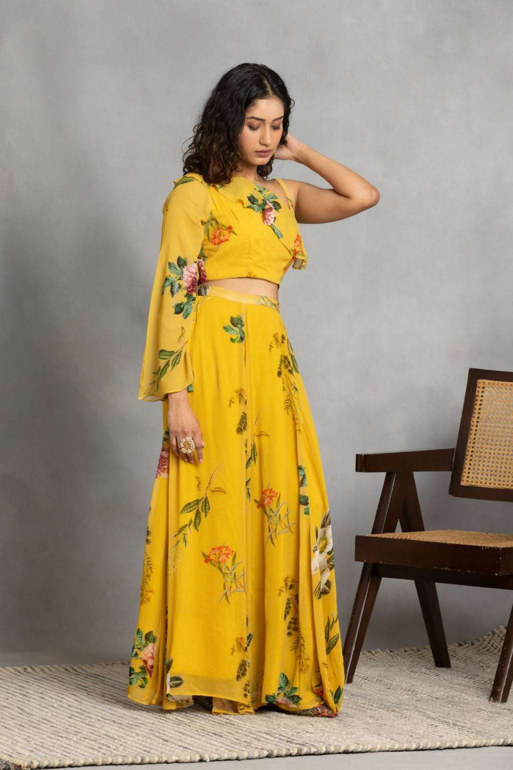 Mustard one shoulder top and flowing pants