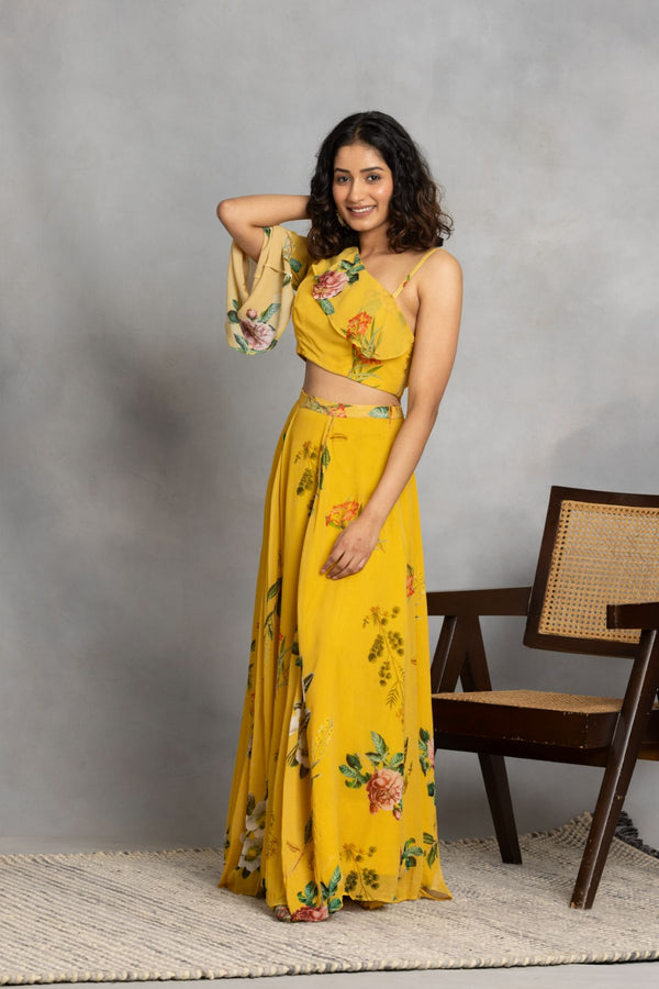 Mustard one shoulder top and flowing pants