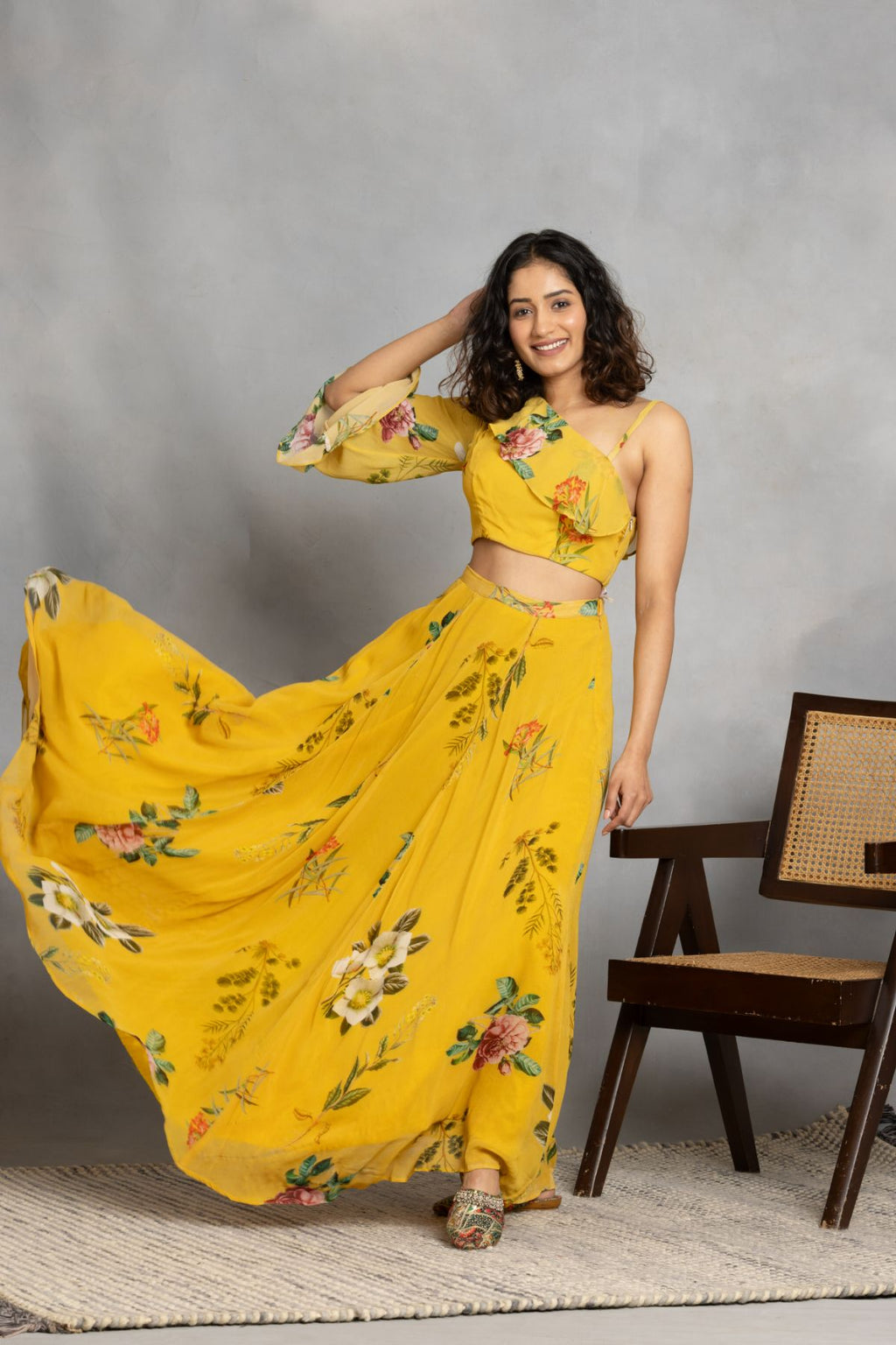 Mustard one shoulder top and flowing pants