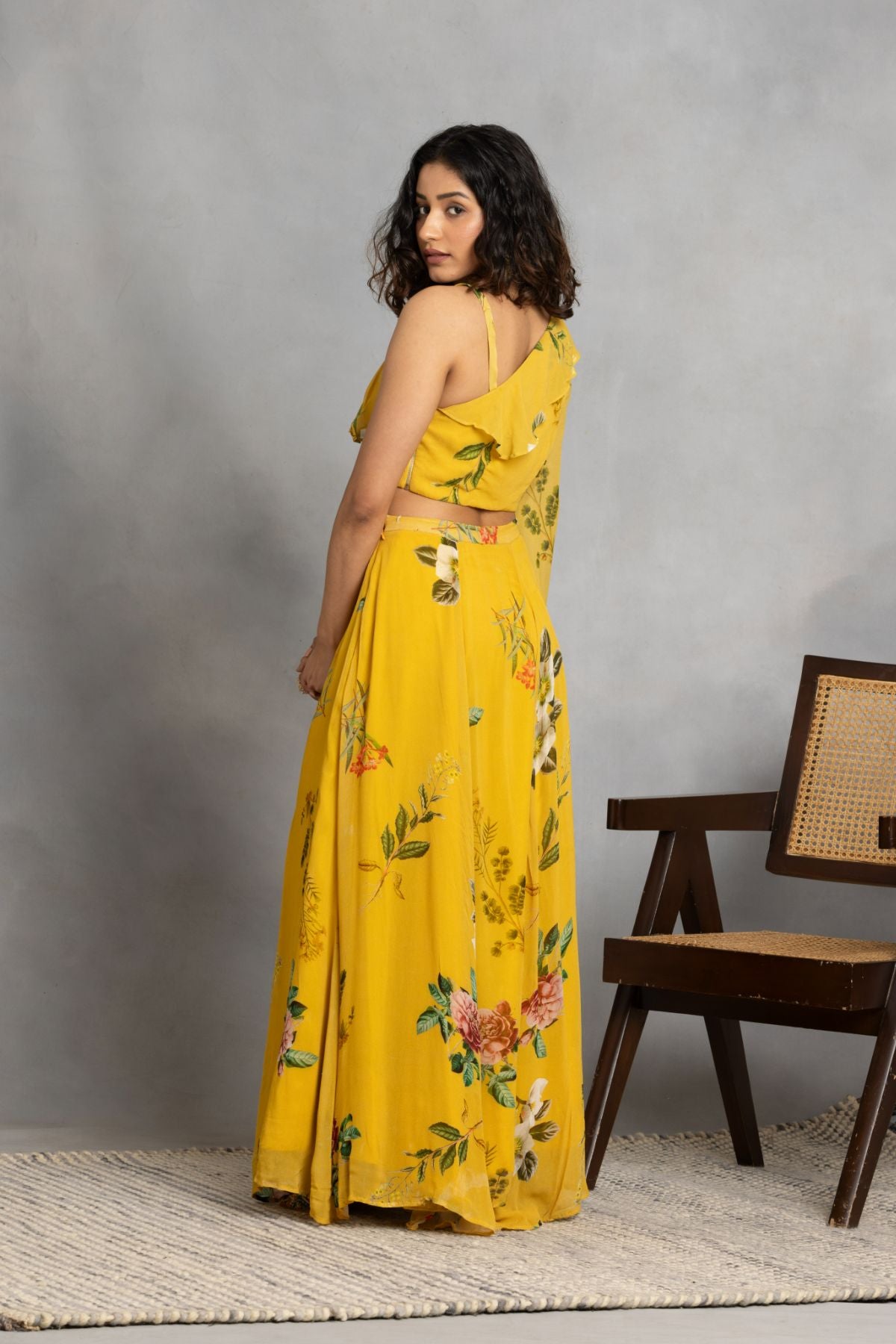 Mustard one shoulder top and flowing pants