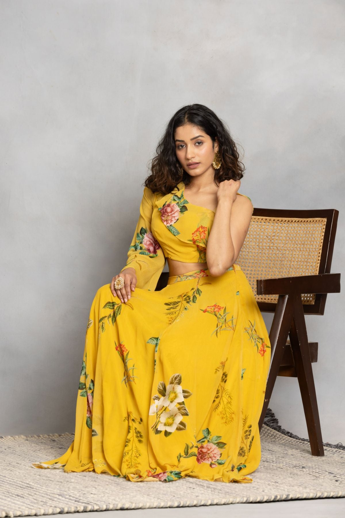 Mustard one shoulder top and flowing pants