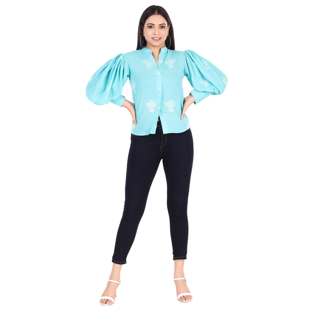 Aqua Cotton Embroidered Shirt