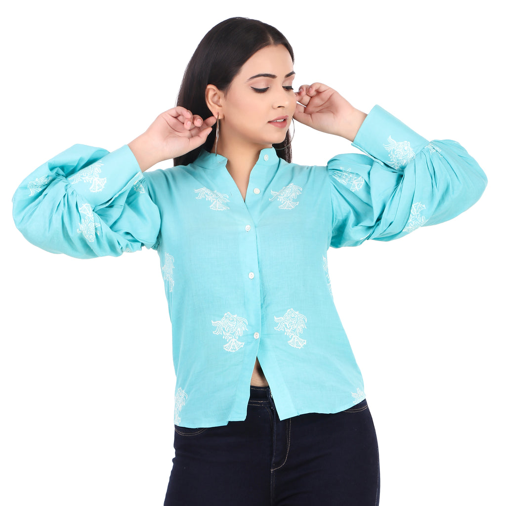 Aqua Cotton Embroidered Shirt