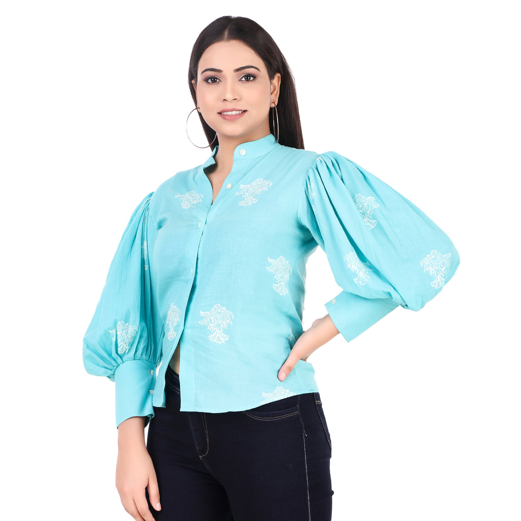 Aqua Cotton Embroidered Shirt