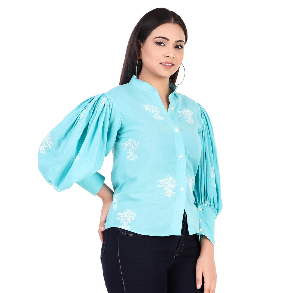 Aqua Cotton Embroidered Shirt