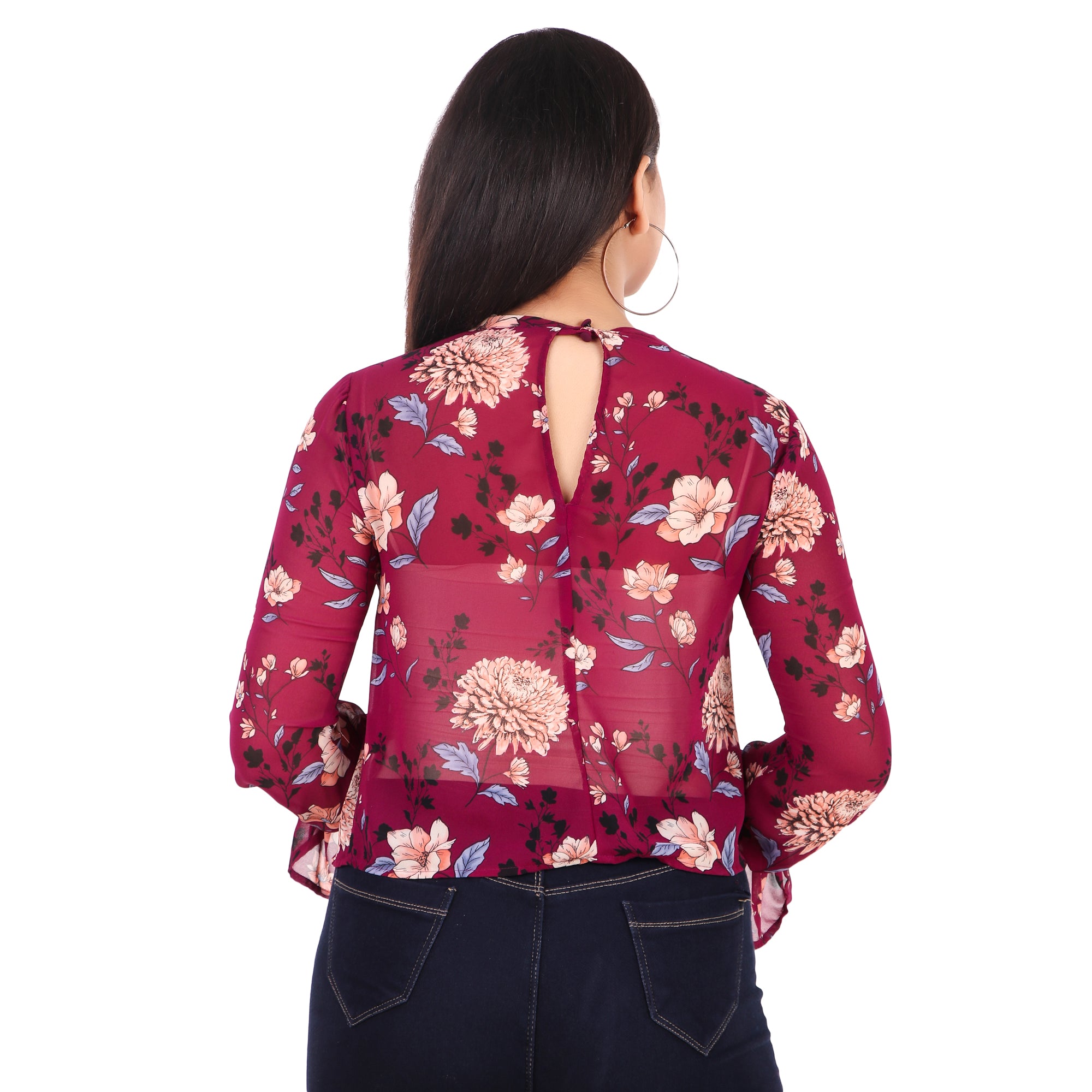 Floral Tie-Neck Sheer Blouse