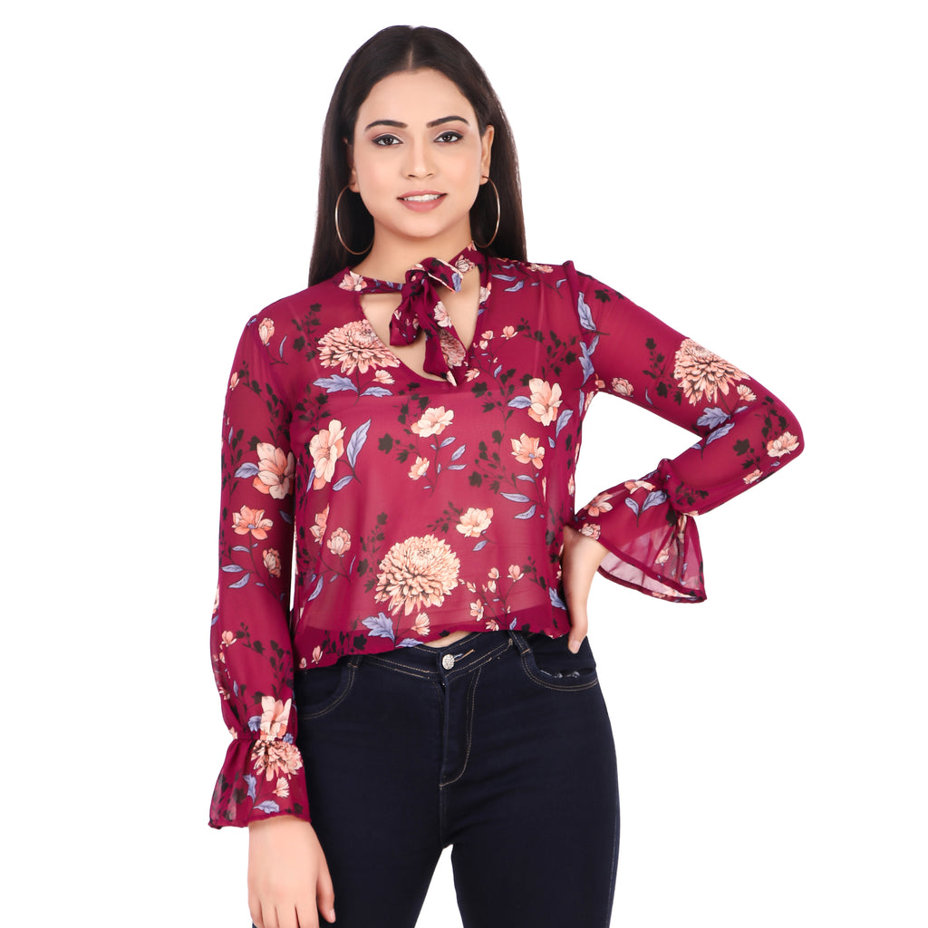 Floral Tie-Neck Sheer Blouse