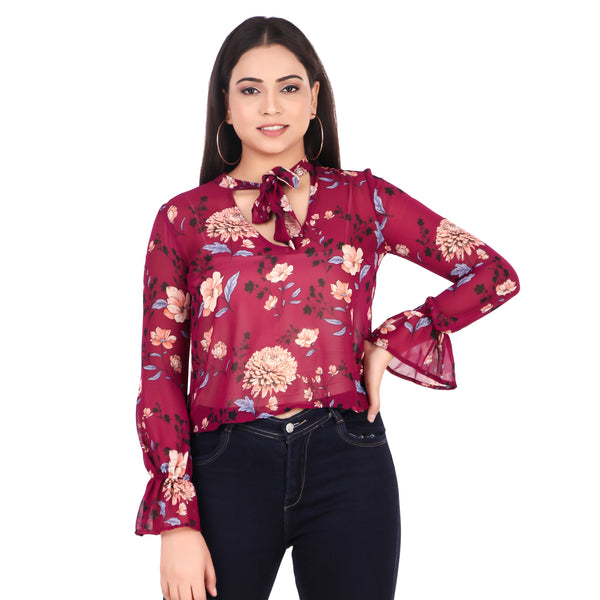 Floral Tie-Neck Sheer Blouse