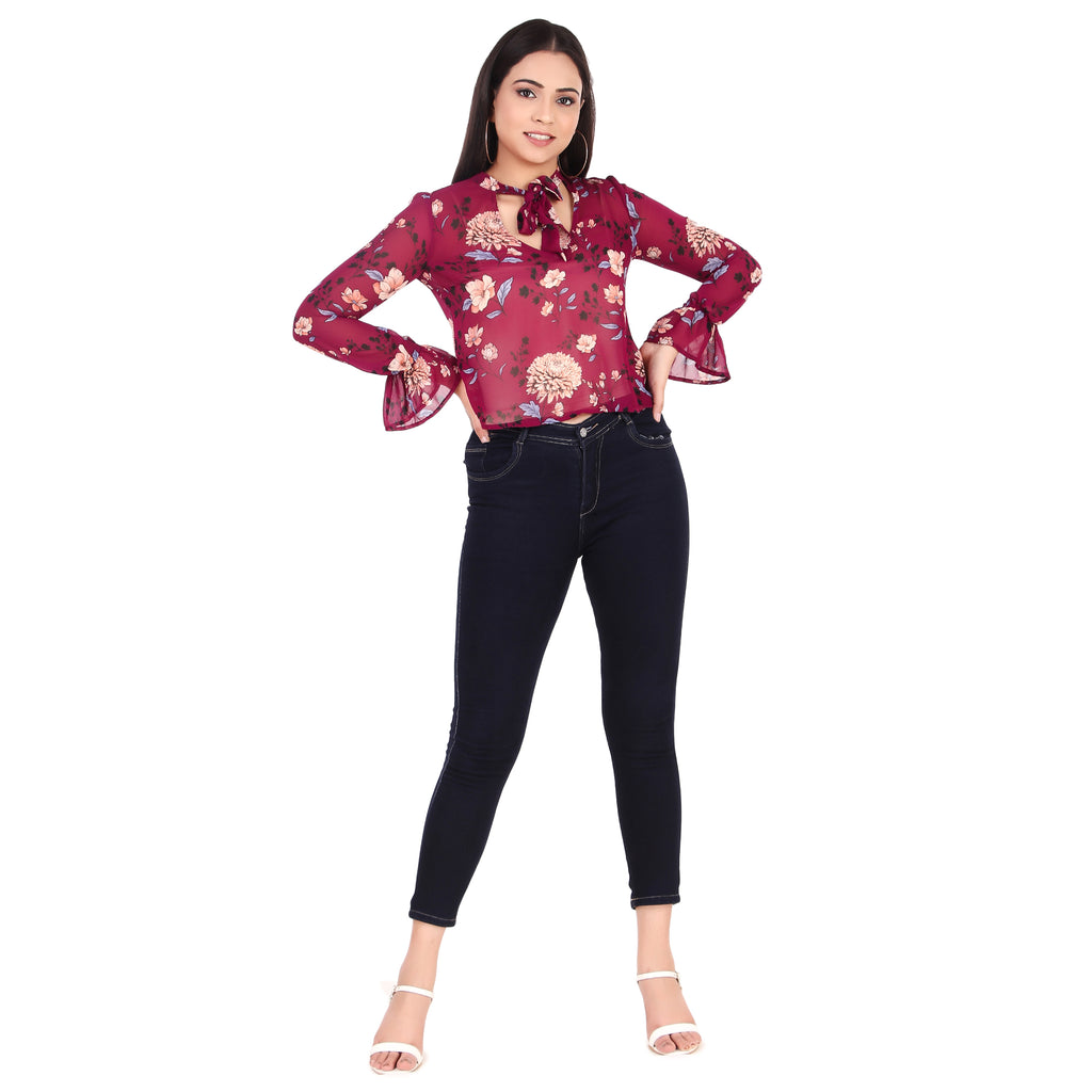 Floral Tie-Neck Sheer Blouse