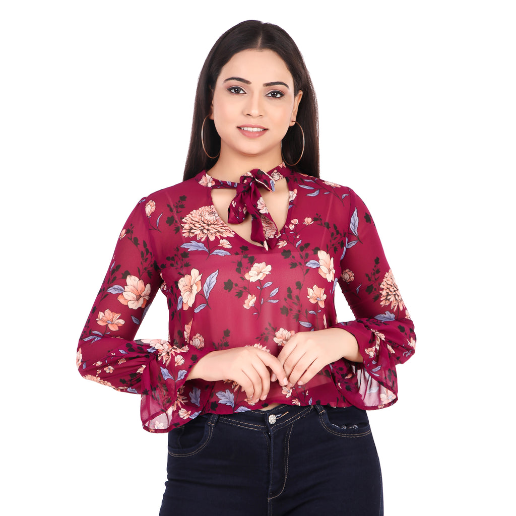 Floral Tie-Neck Sheer Blouse