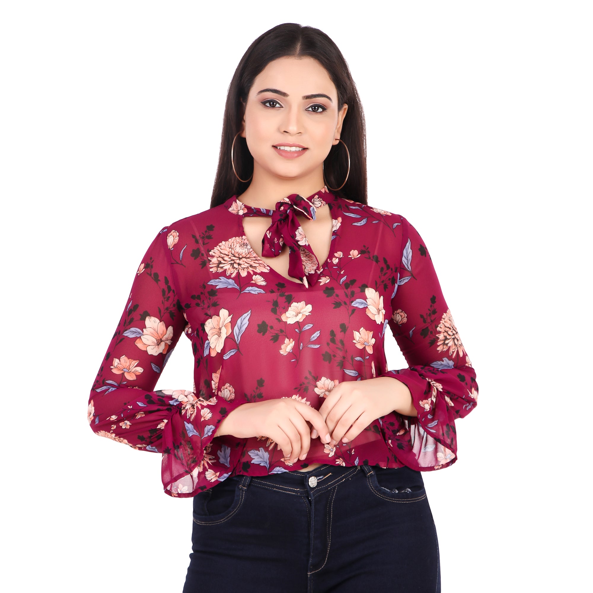 Floral Tie-Neck Sheer Blouse
