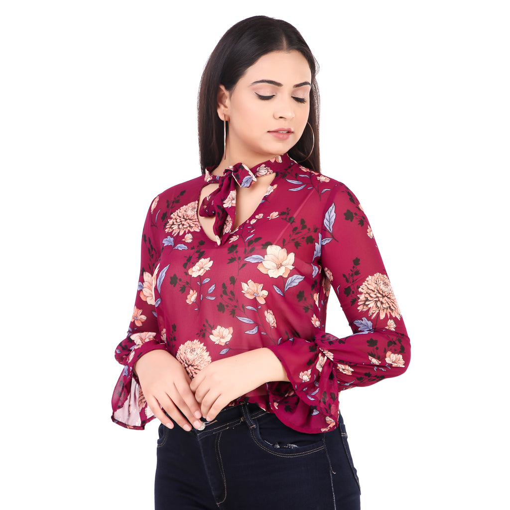 Floral Tie-Neck Sheer Blouse