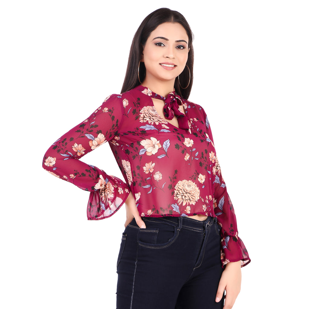 Floral Tie-Neck Sheer Blouse