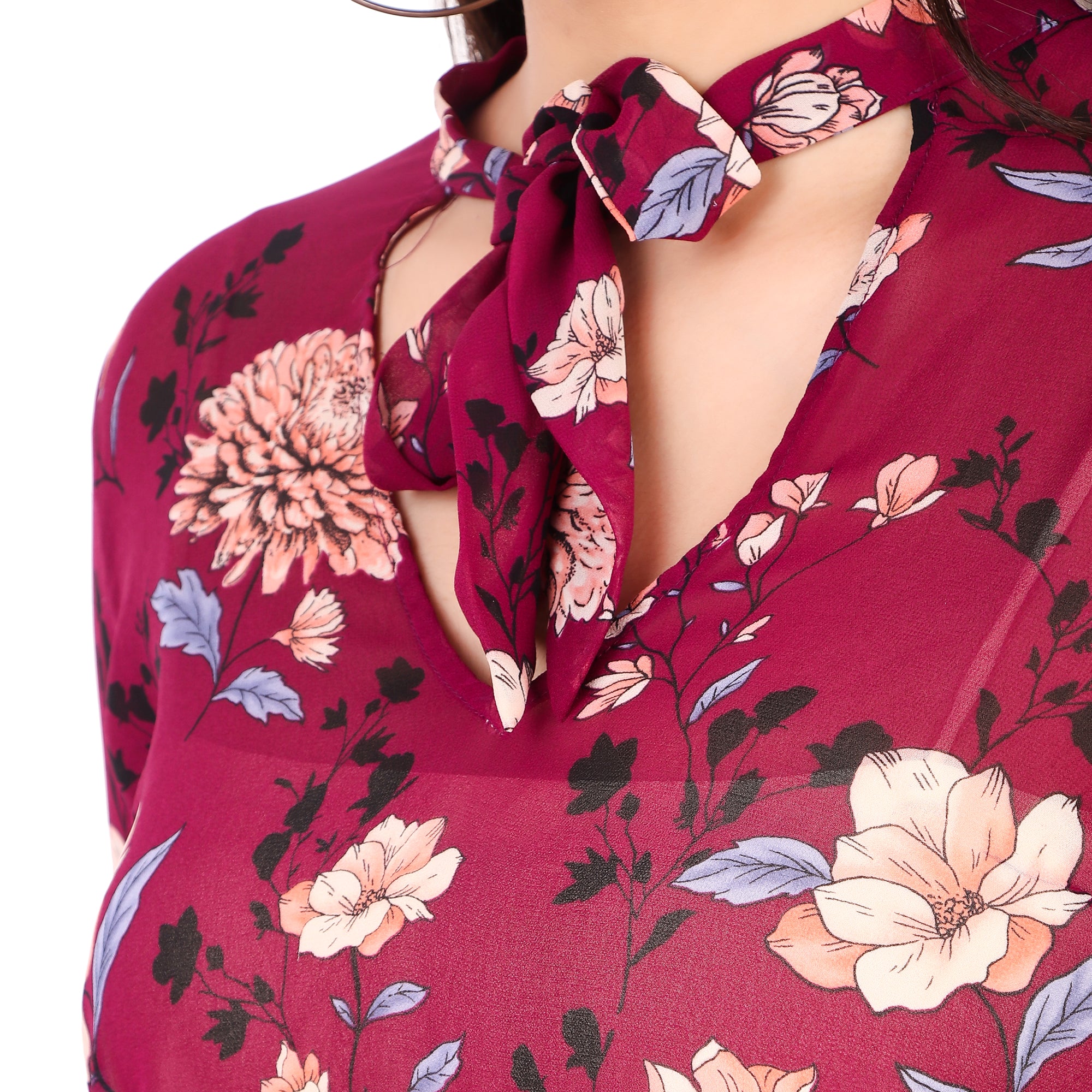 Floral Tie-Neck Sheer Blouse