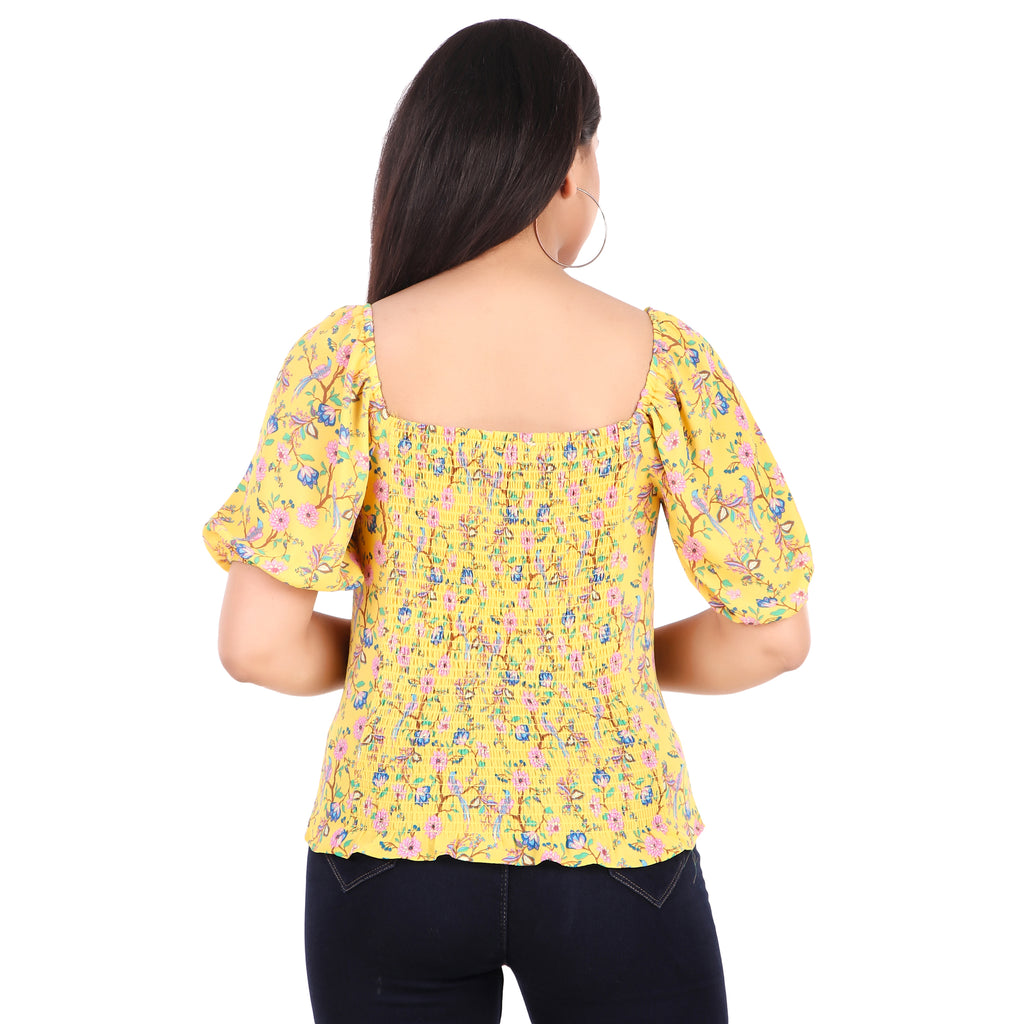 Rose & Olive Yellow Floral Puff-Sleeve Top