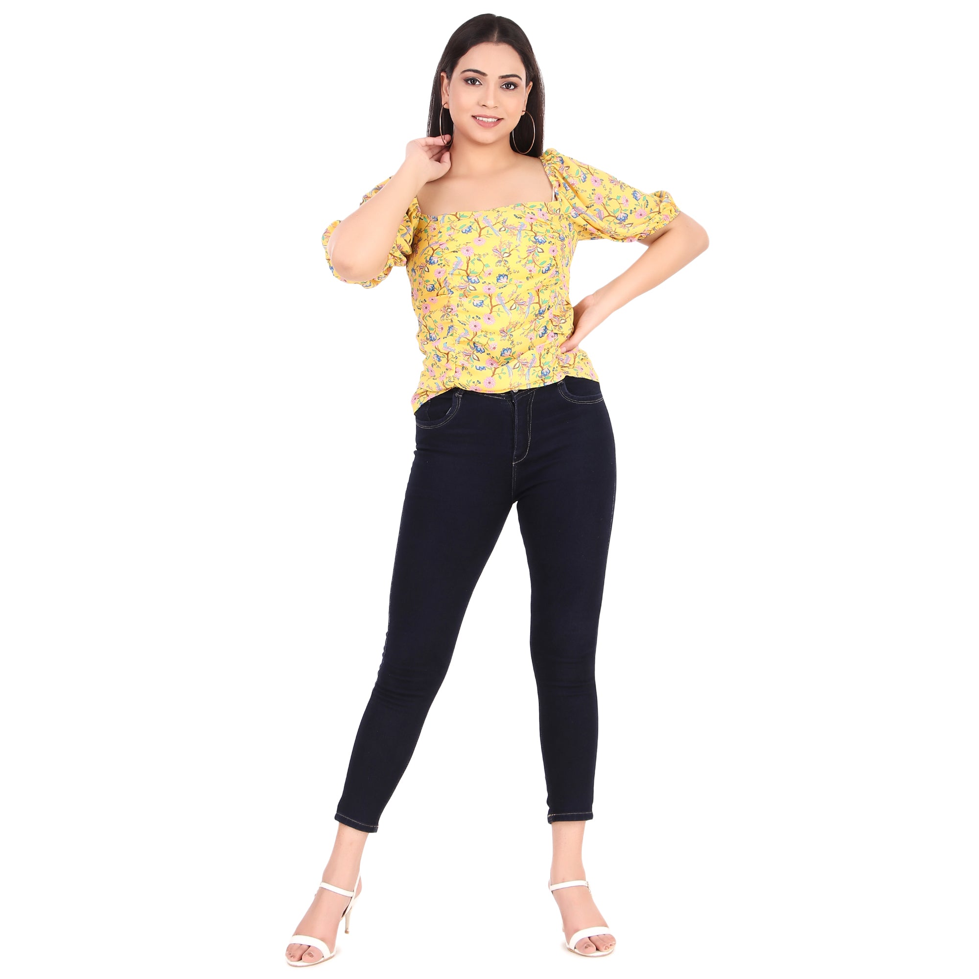 Rose & Olive Yellow Floral Puff-Sleeve Top