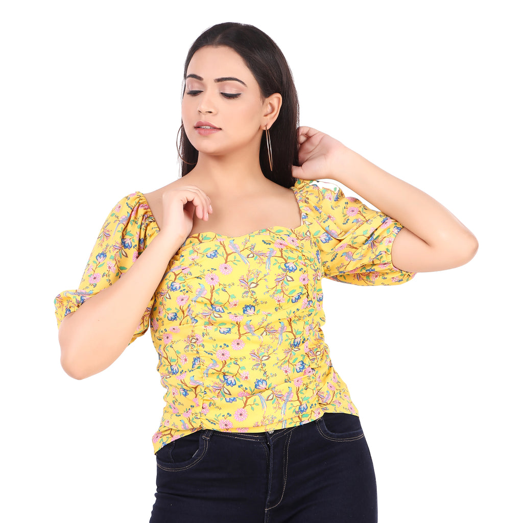 Rose & Olive Yellow Floral Puff-Sleeve Top