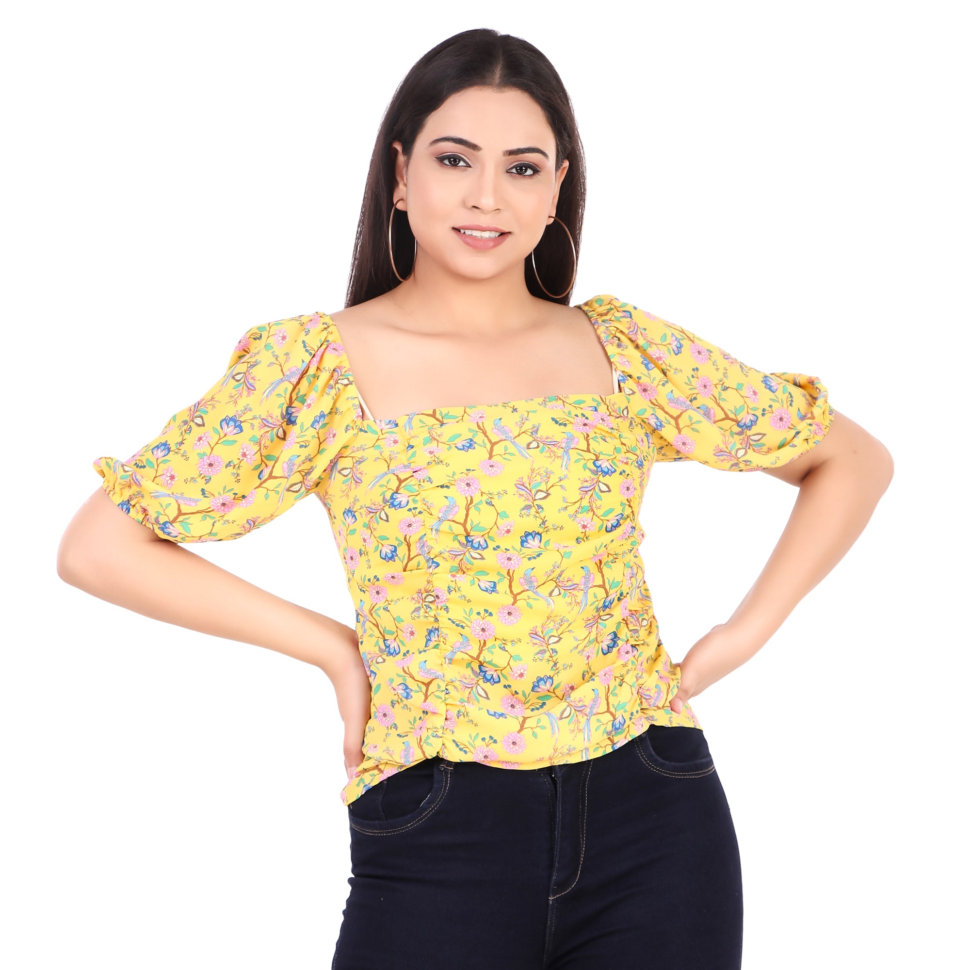 Rose & Olive Yellow Floral Puff-Sleeve Top