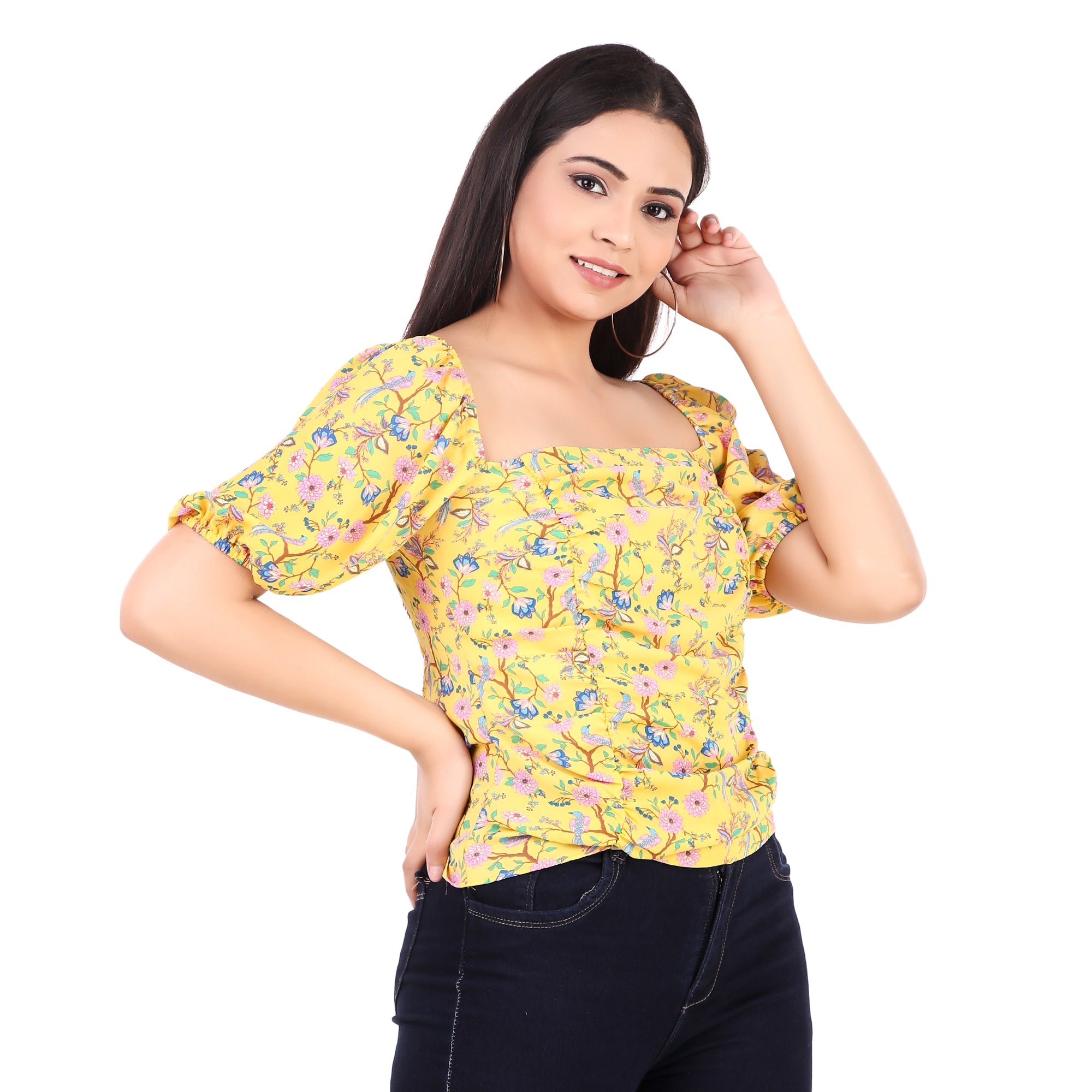 Rose & Olive Yellow Floral Puff-Sleeve Top