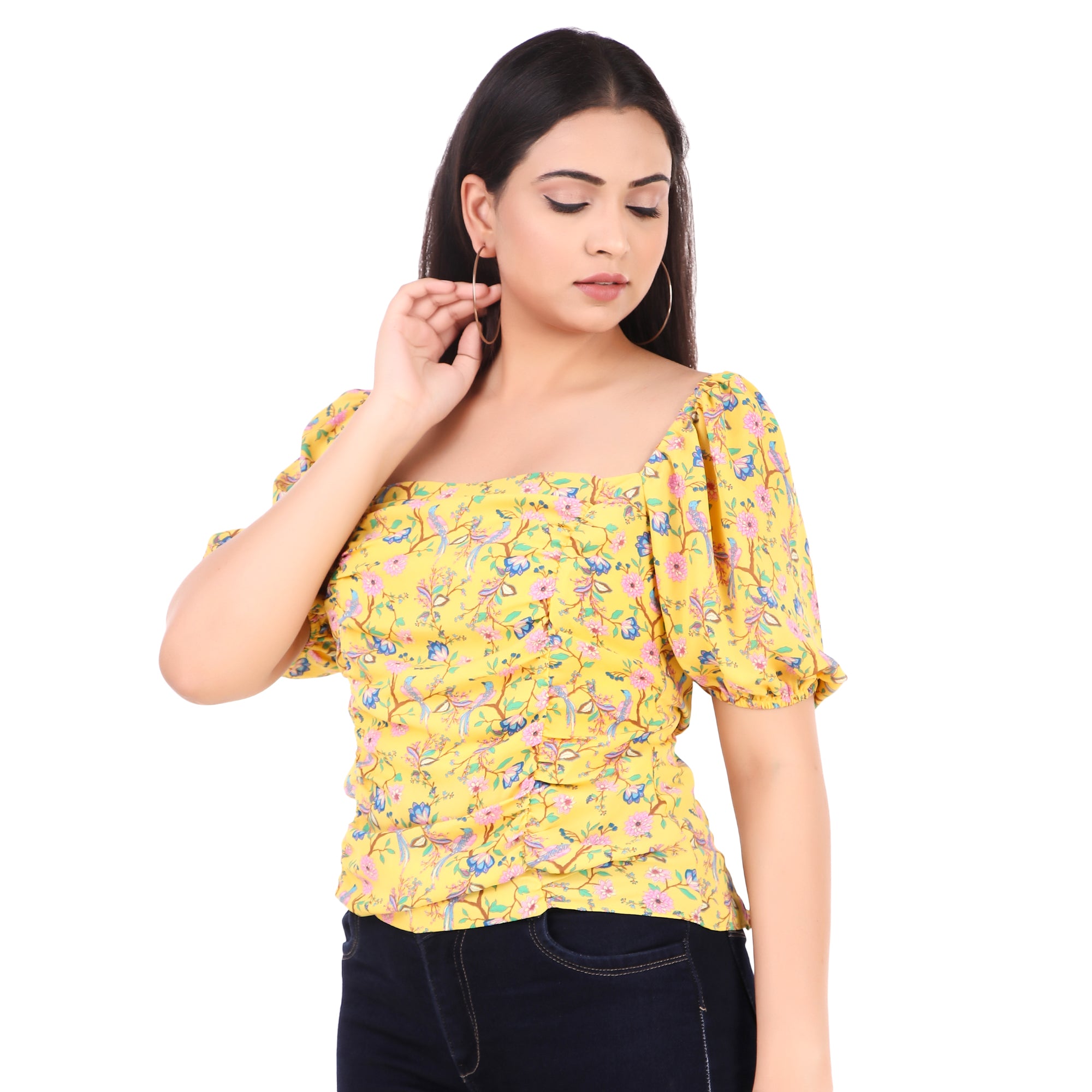 Rose & Olive Yellow Floral Puff-Sleeve Top