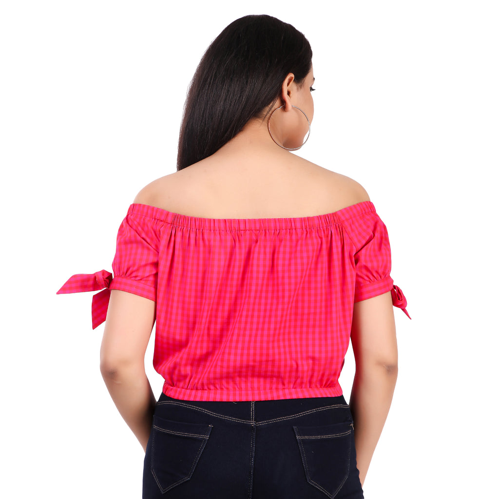 Pink Gingham Off-Shoulder Top