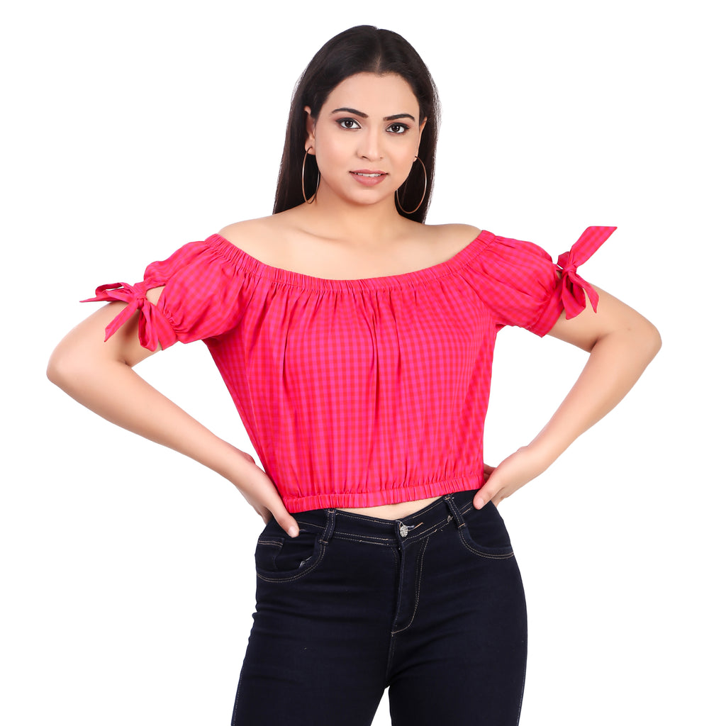 Pink Gingham Off-Shoulder Top