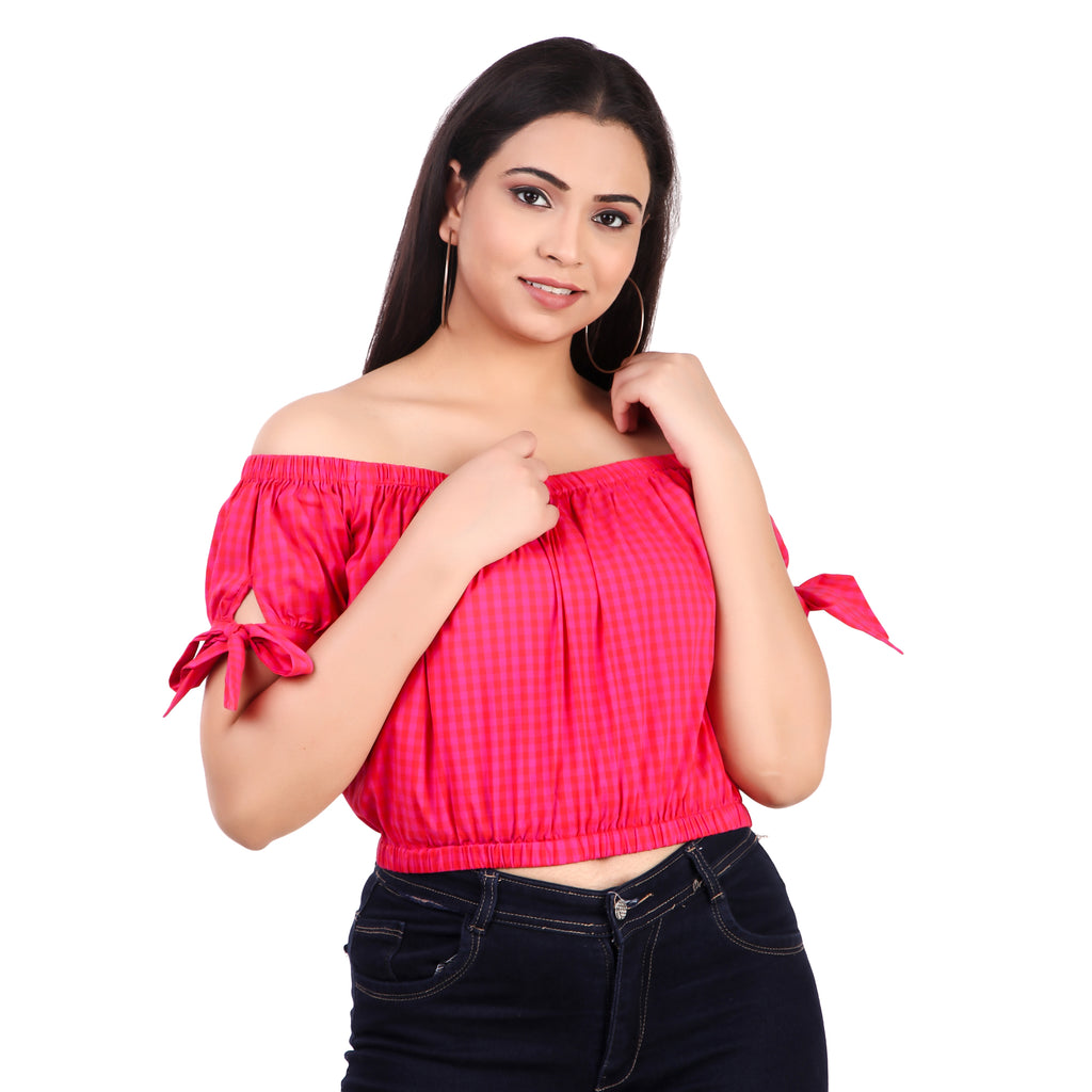 Pink Gingham Off-Shoulder Top