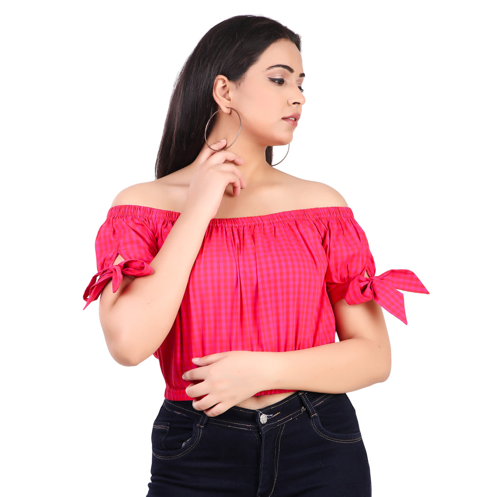 Pink Gingham Off-Shoulder Top