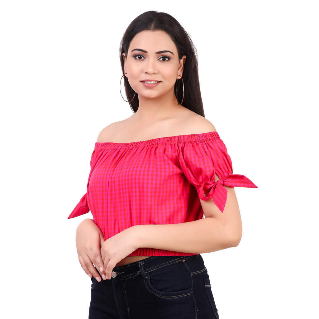 Pink Gingham Off-Shoulder Top