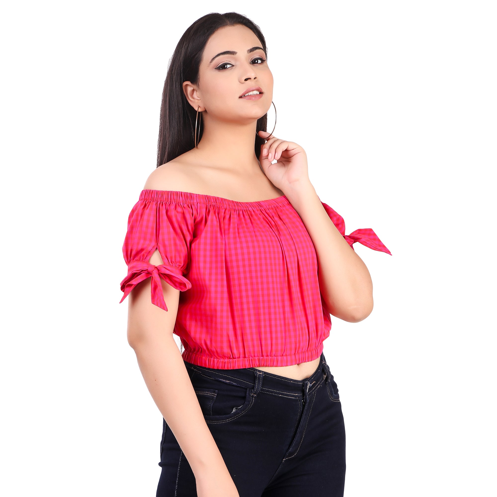Pink Gingham Off-Shoulder Top