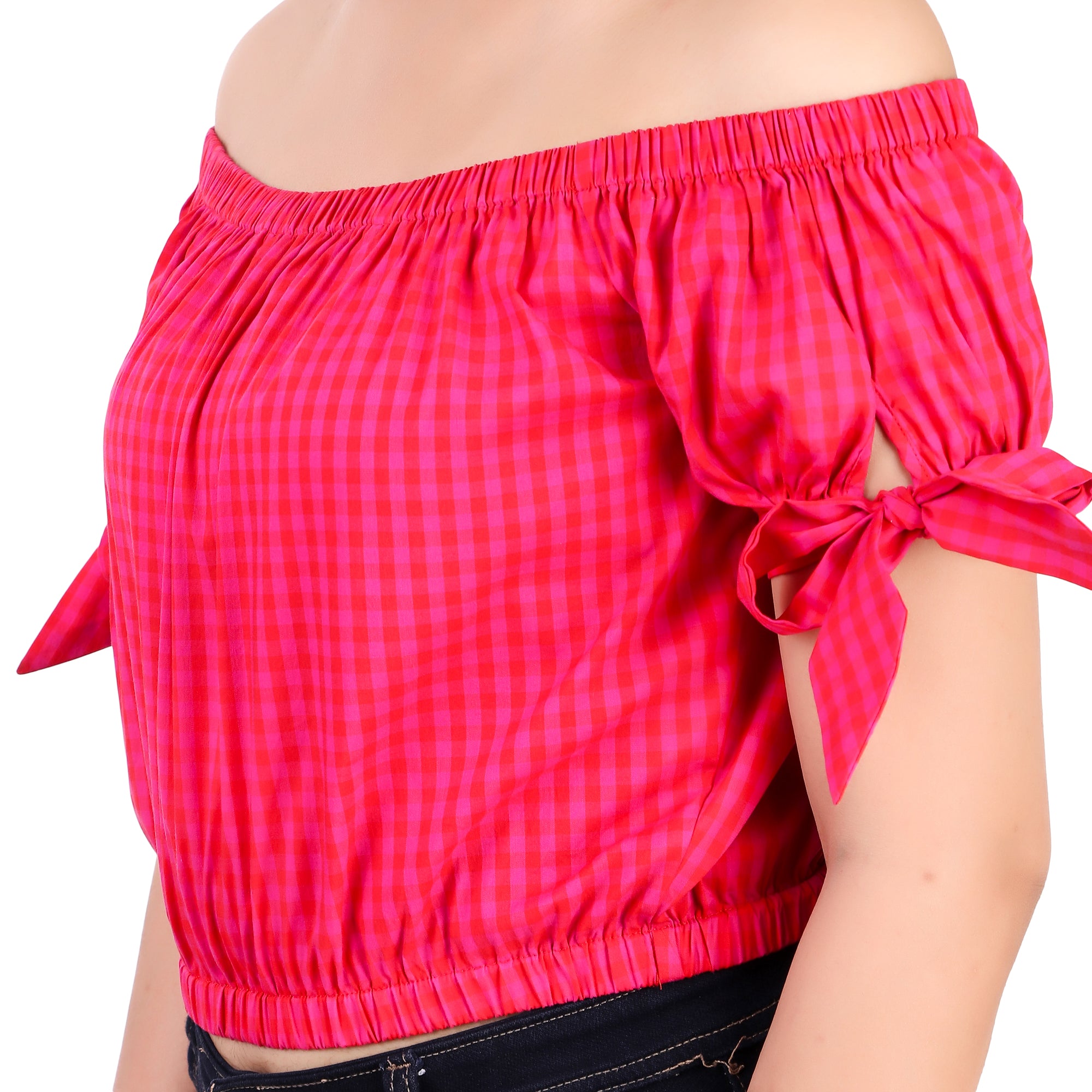 Pink Gingham Off-Shoulder Top