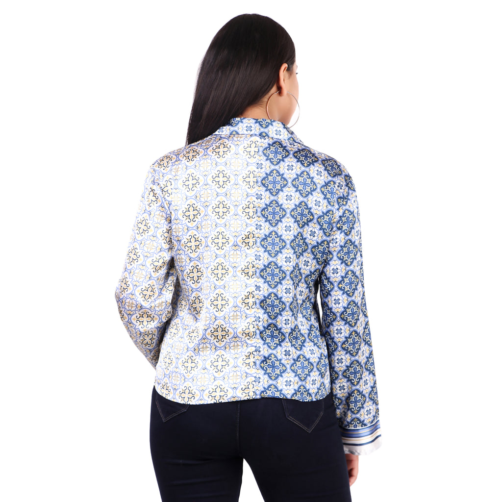 KAZO Blue Printed Tie-Front Shirt