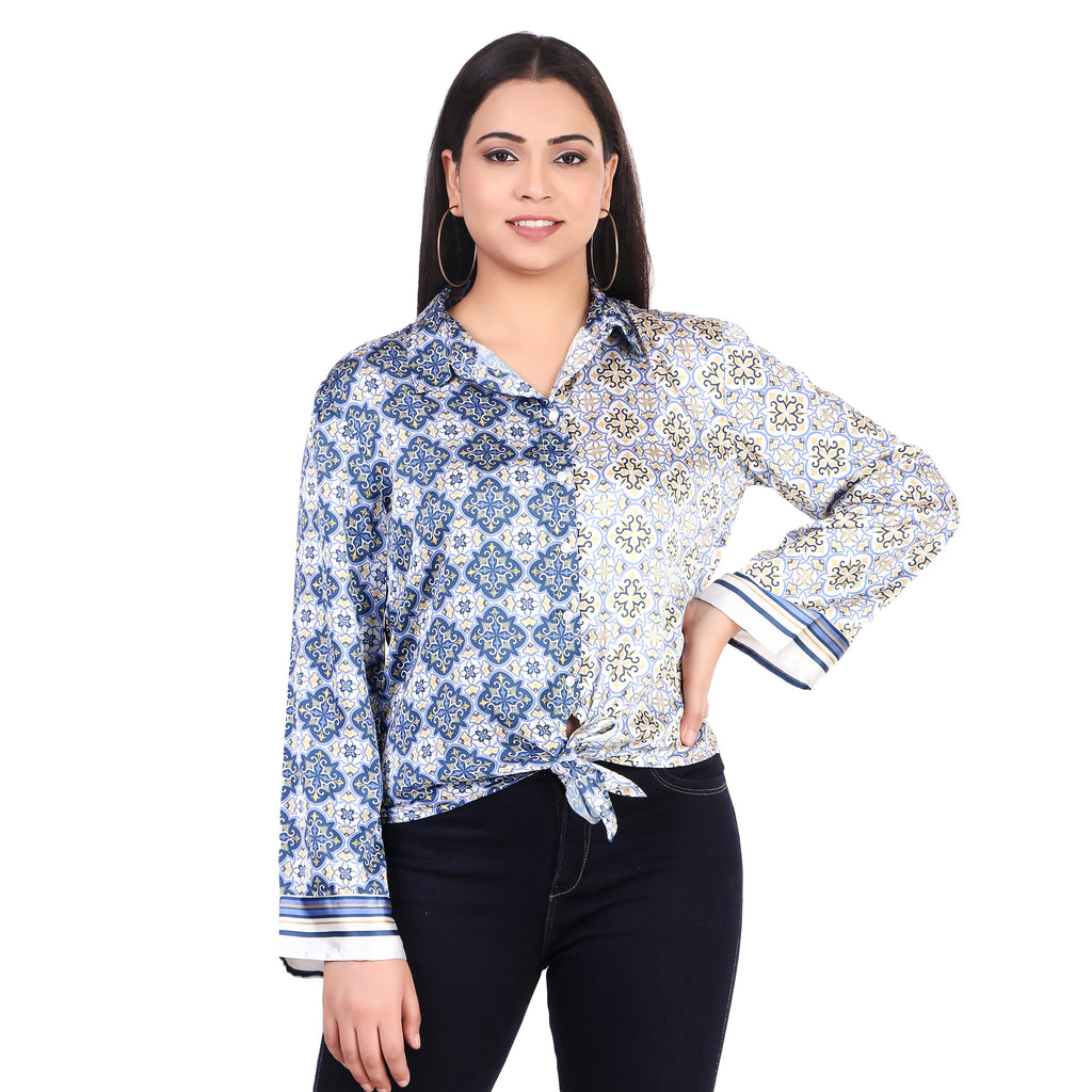KAZO Blue Printed Tie-Front Shirt