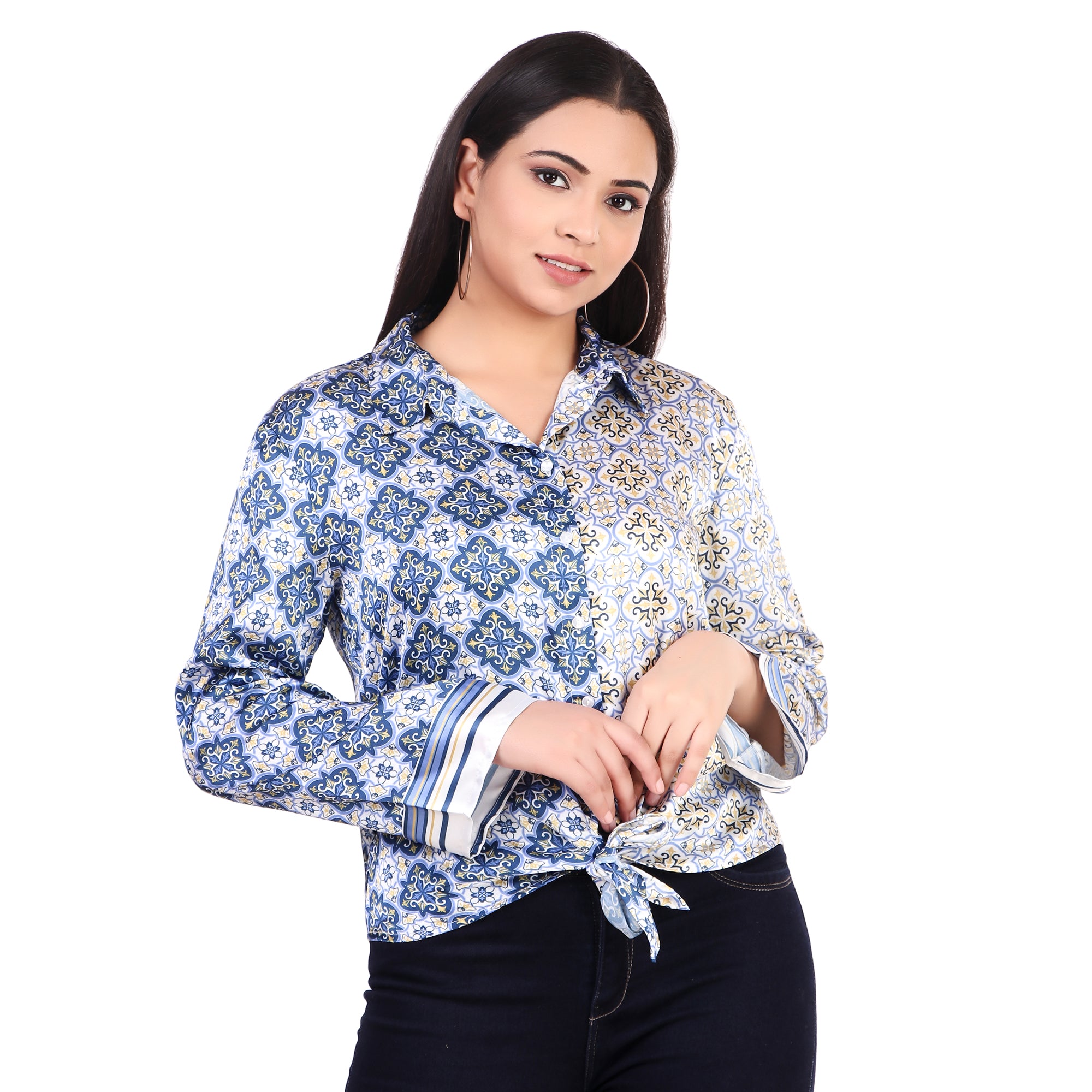 KAZO Blue Printed Tie-Front Shirt