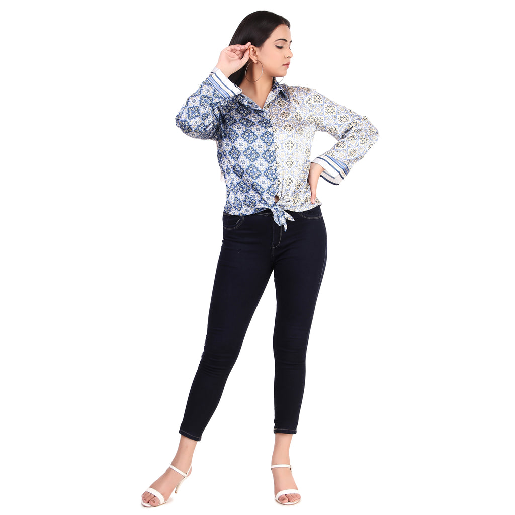 KAZO Blue Printed Tie-Front Shirt