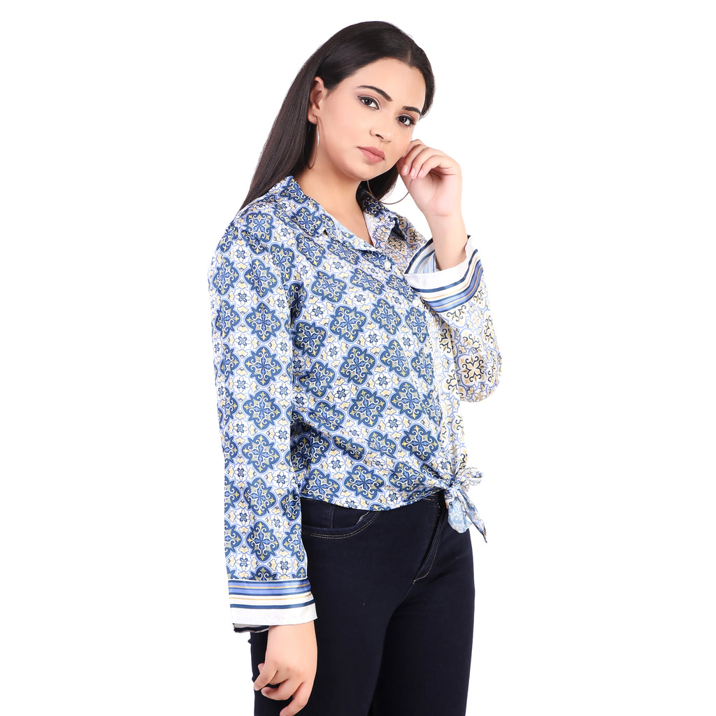 KAZO Blue Printed Tie-Front Shirt