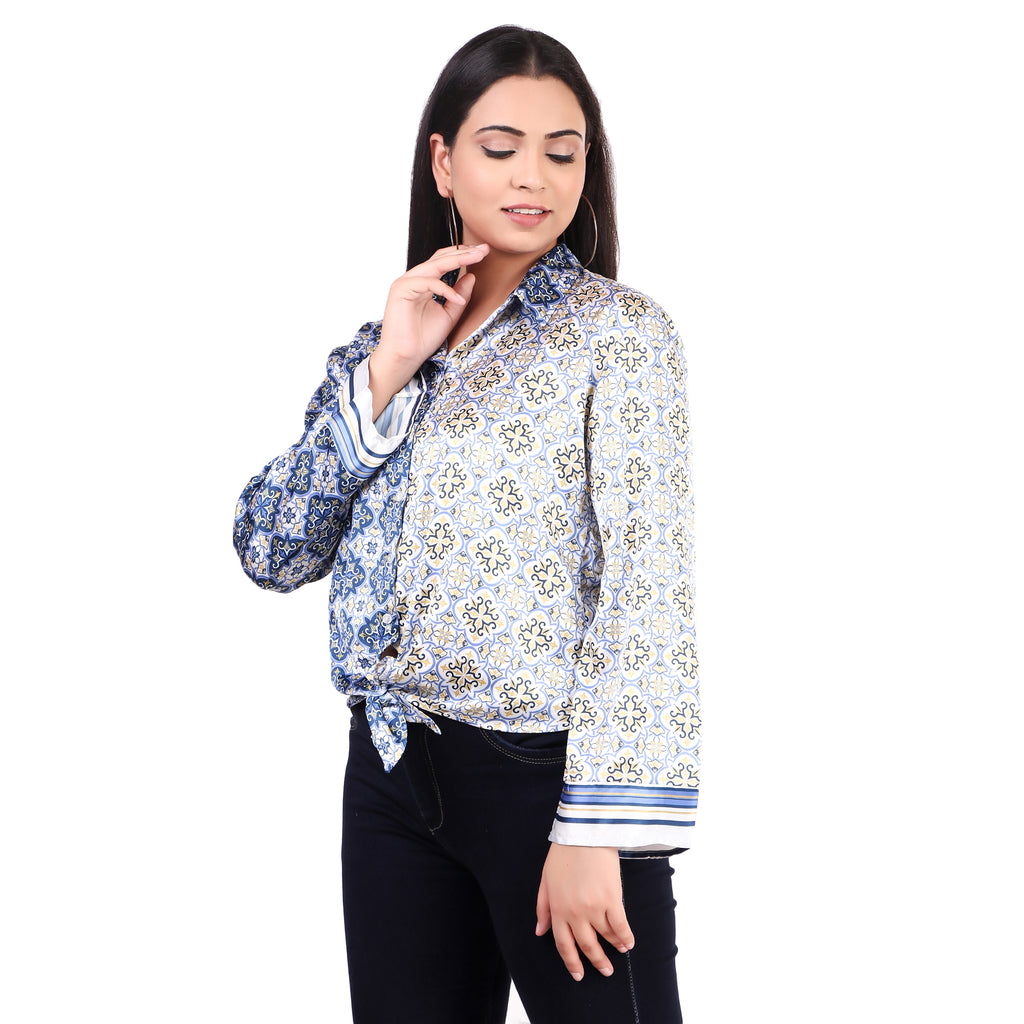 KAZO Blue Printed Tie-Front Shirt