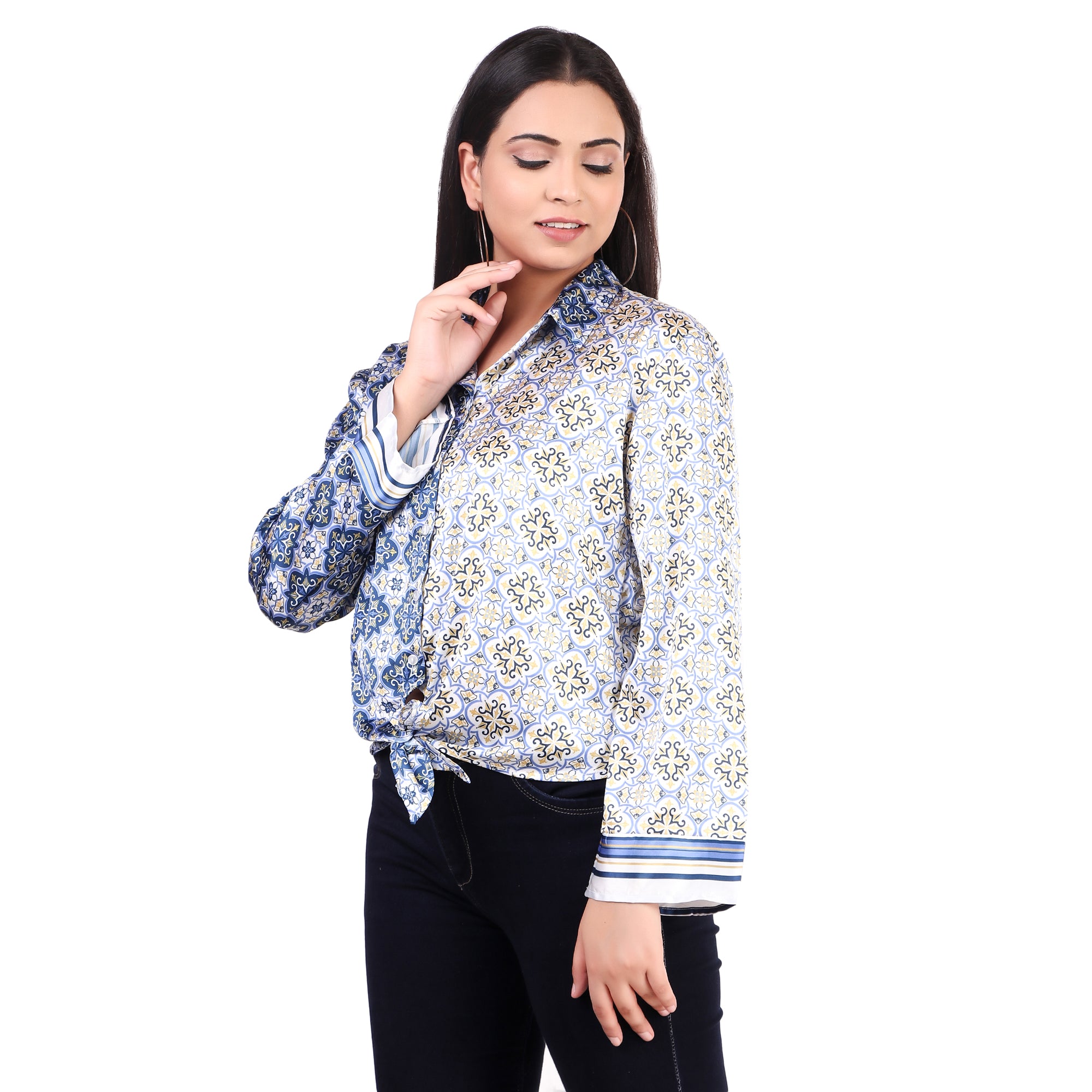 KAZO Blue Printed Tie-Front Shirt