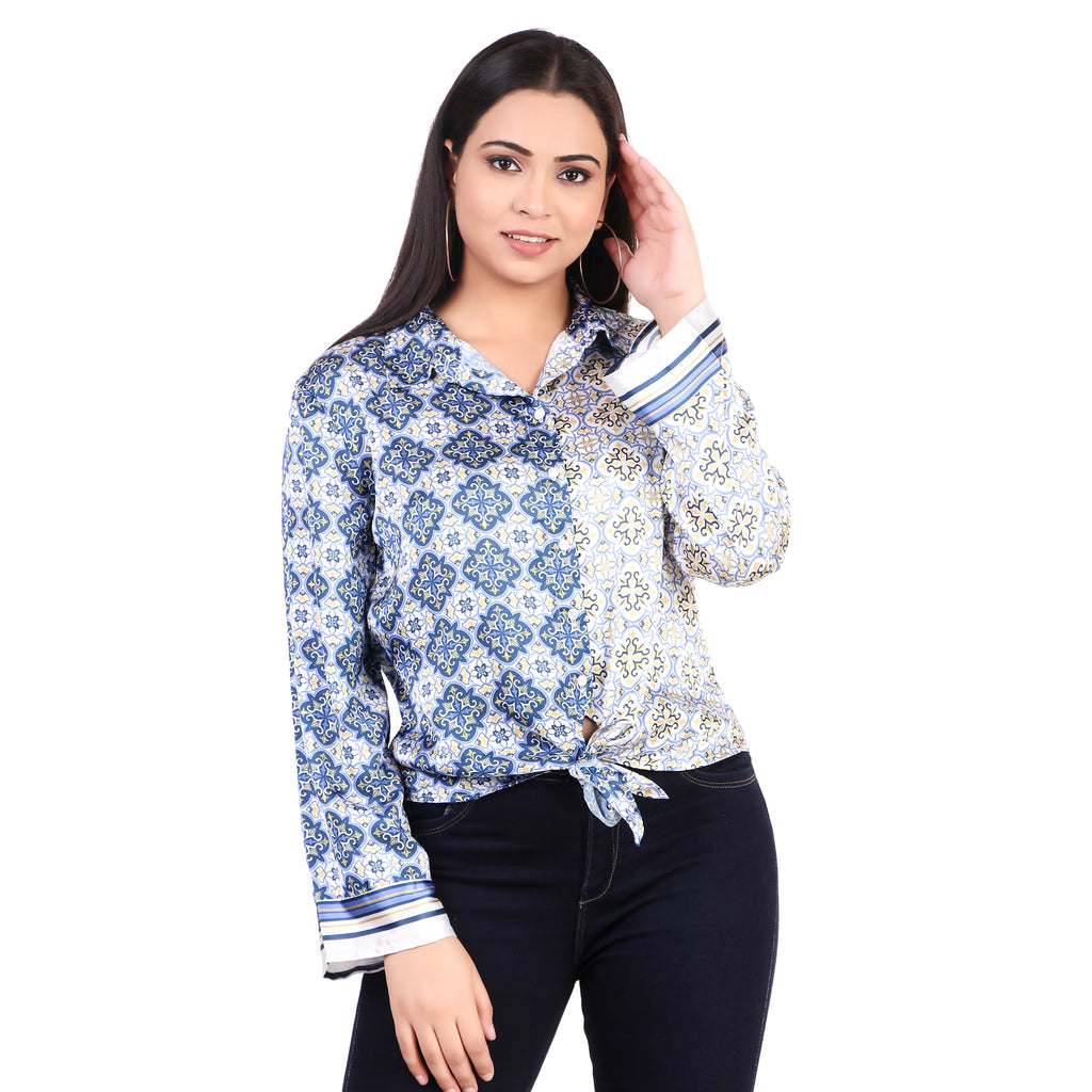 KAZO Blue Printed Tie-Front Shirt