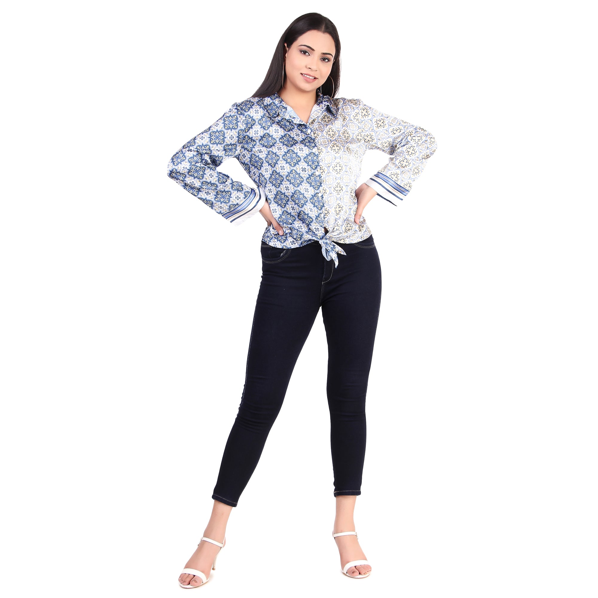 KAZO Blue Printed Tie-Front Shirt