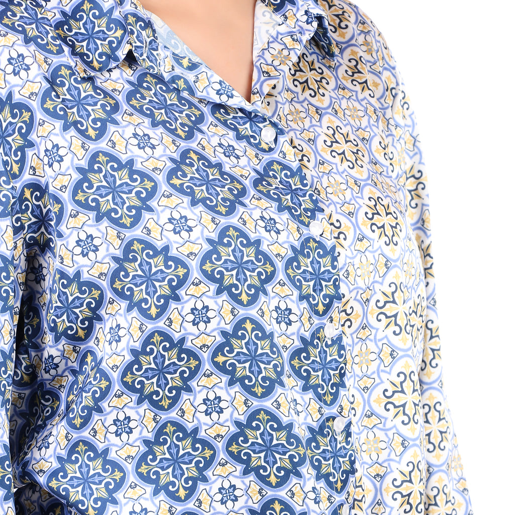 KAZO Blue Printed Tie-Front Shirt