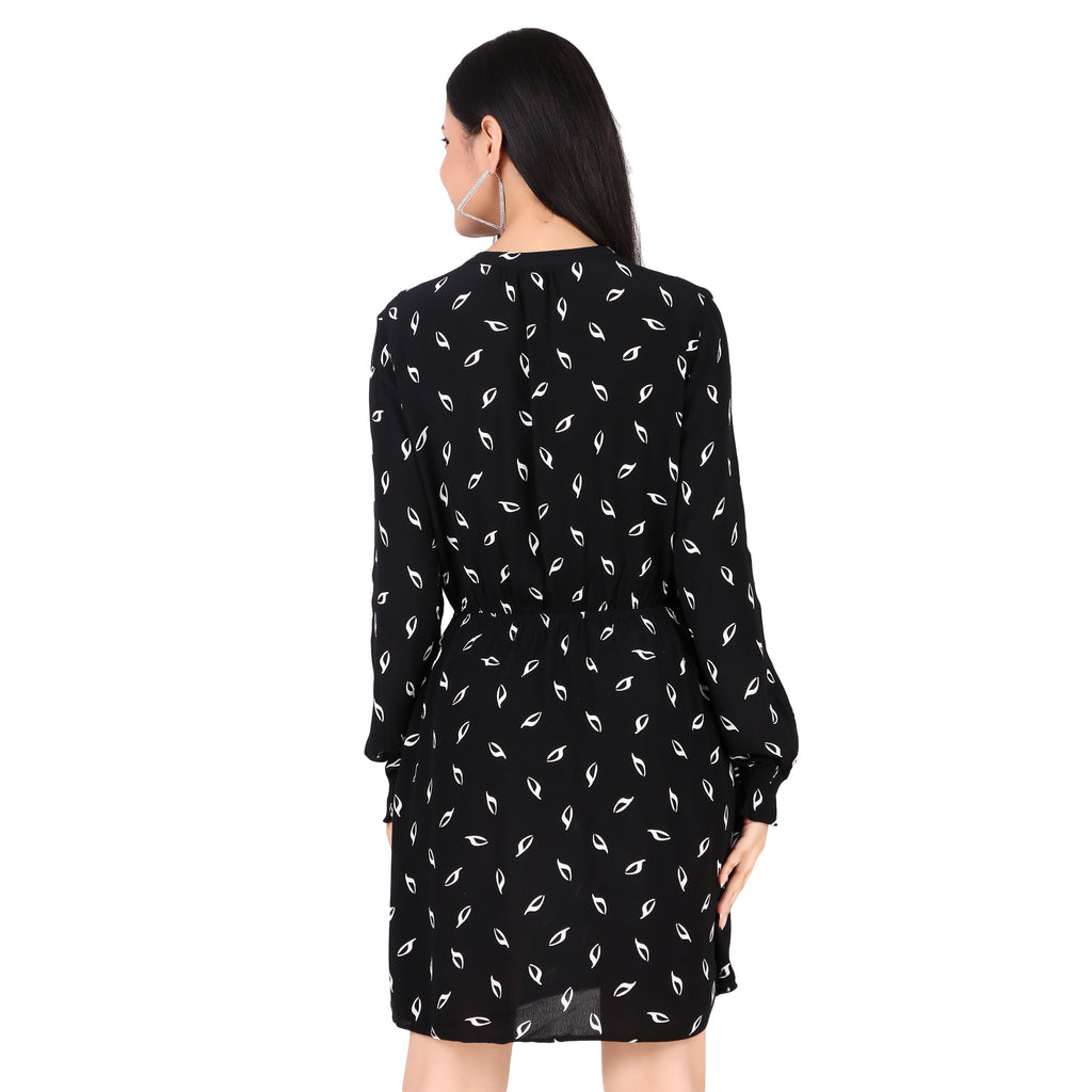 H&M Black Printed Tie-Neck Dress