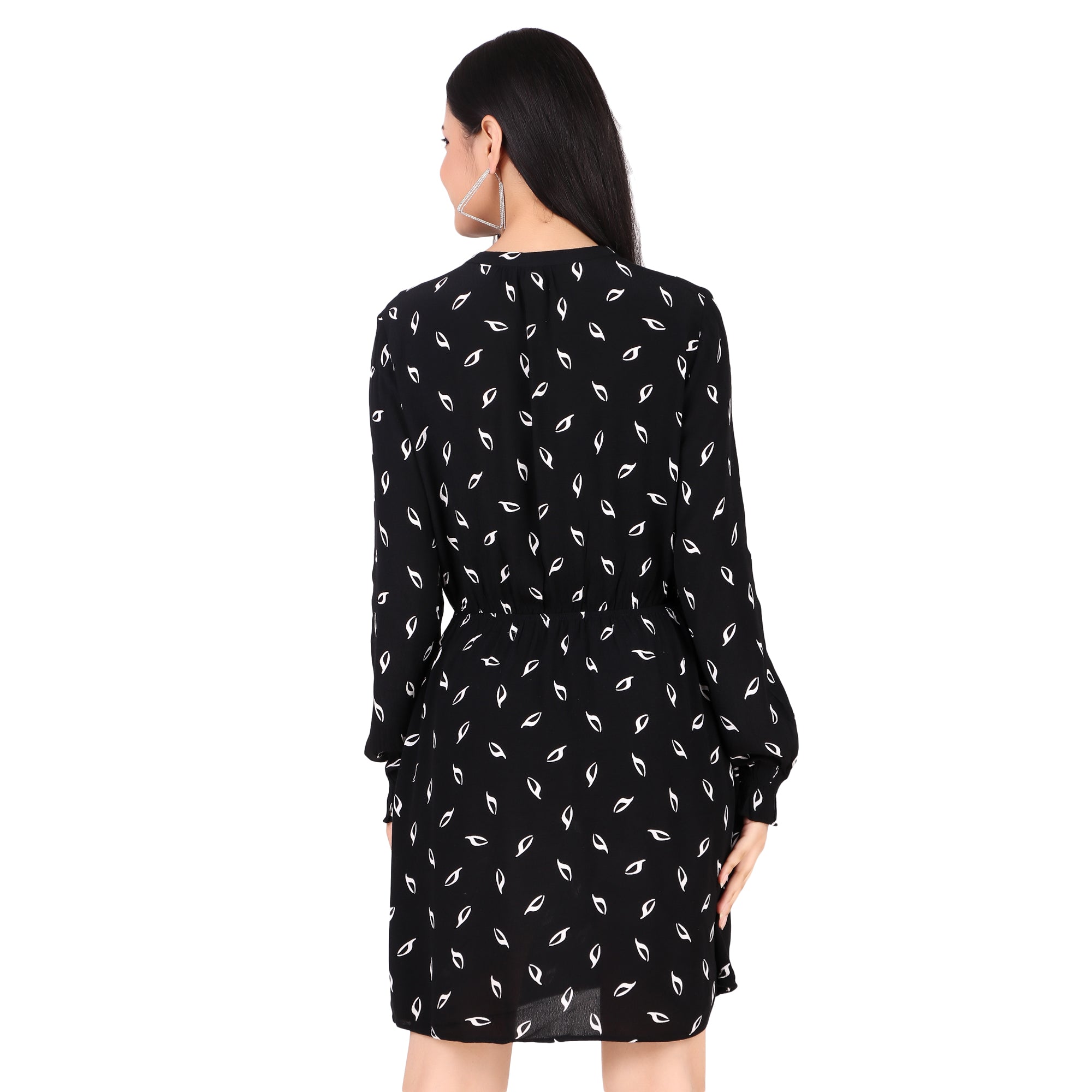 H&M Black Printed Tie-Neck Dress