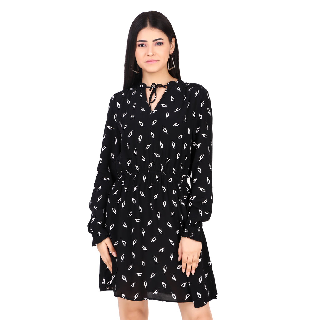 H&M Black Printed Tie-Neck Dress