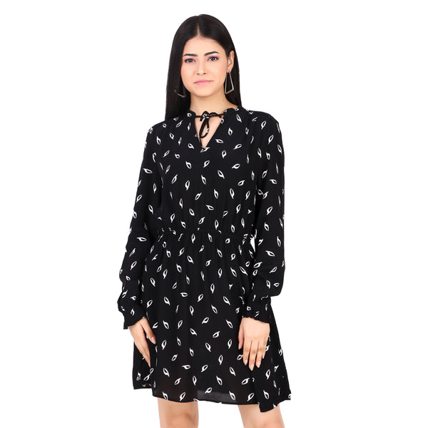 H&M Black Printed Tie-Neck Dress