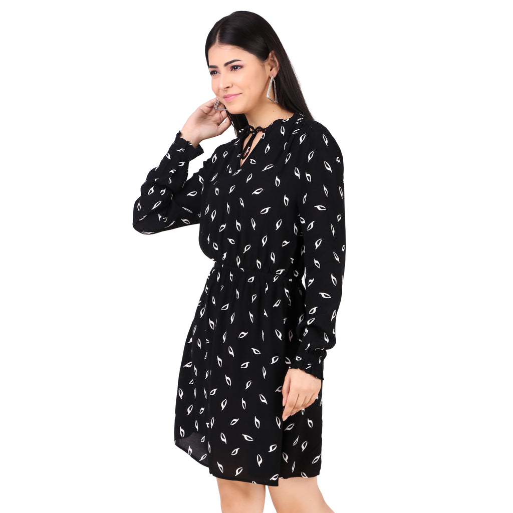 H&M Black Printed Tie-Neck Dress