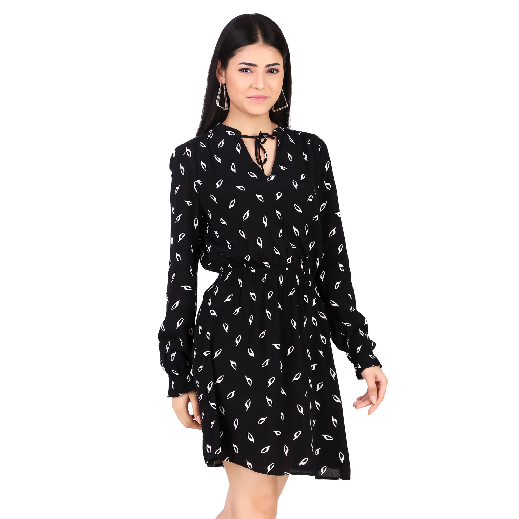 H&M Black Printed Tie-Neck Dress