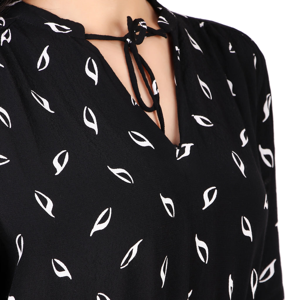 H&M Black Printed Tie-Neck Dress