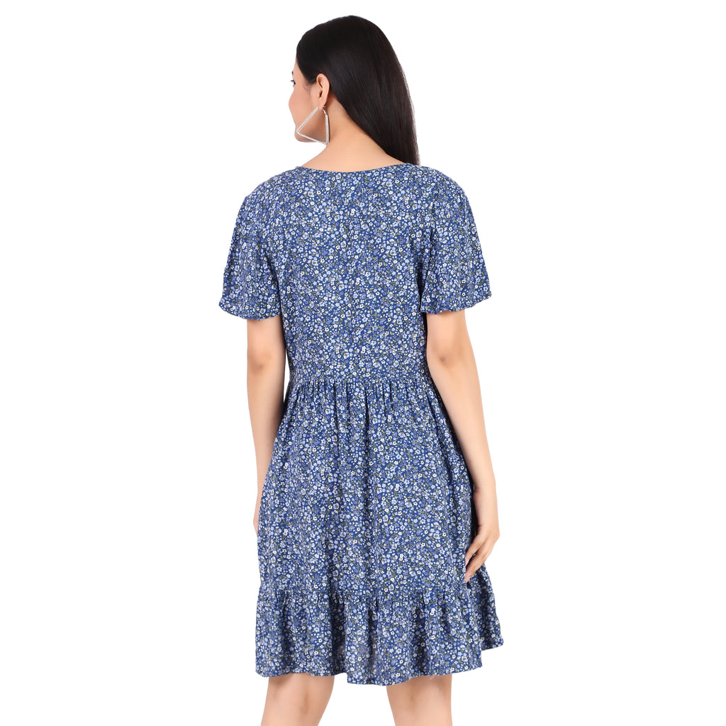 Blue Floral V-Neck Fit & Flare Mini Dress