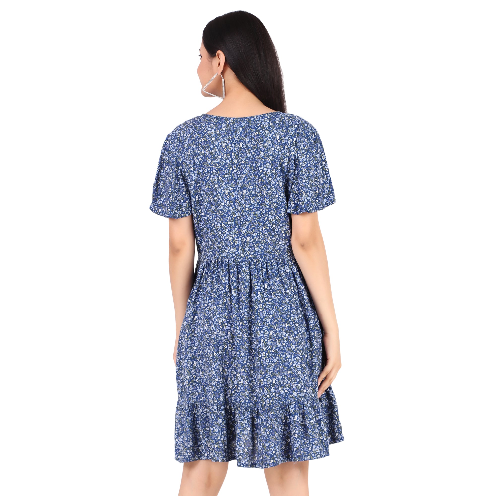 Blue Floral V-Neck Fit & Flare Mini Dress
